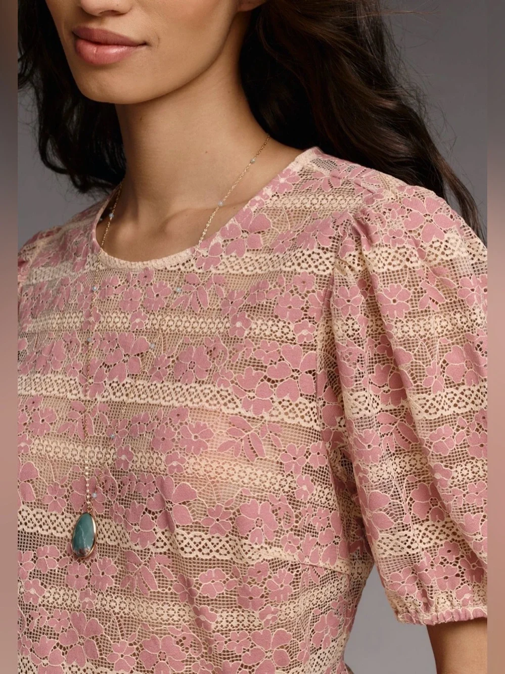 NWT Anthropologie Pink Lace Short Puff Sleeve Peplum Top Size L